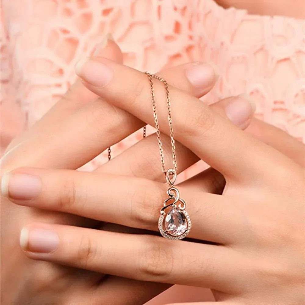 Dainty Water Drop Hollow Pear Elegant Rose Gold Necklace for Women, EVGG1092 - Picture 2 of 8